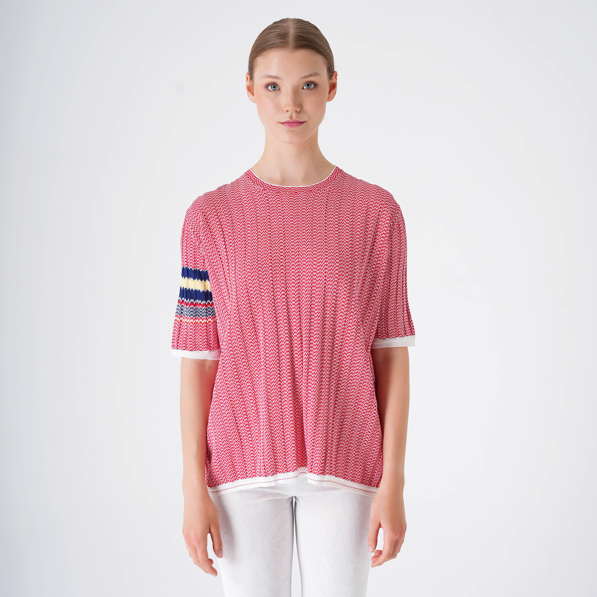 Celine - Red & White Striped Zigzag Viscose T-shirt